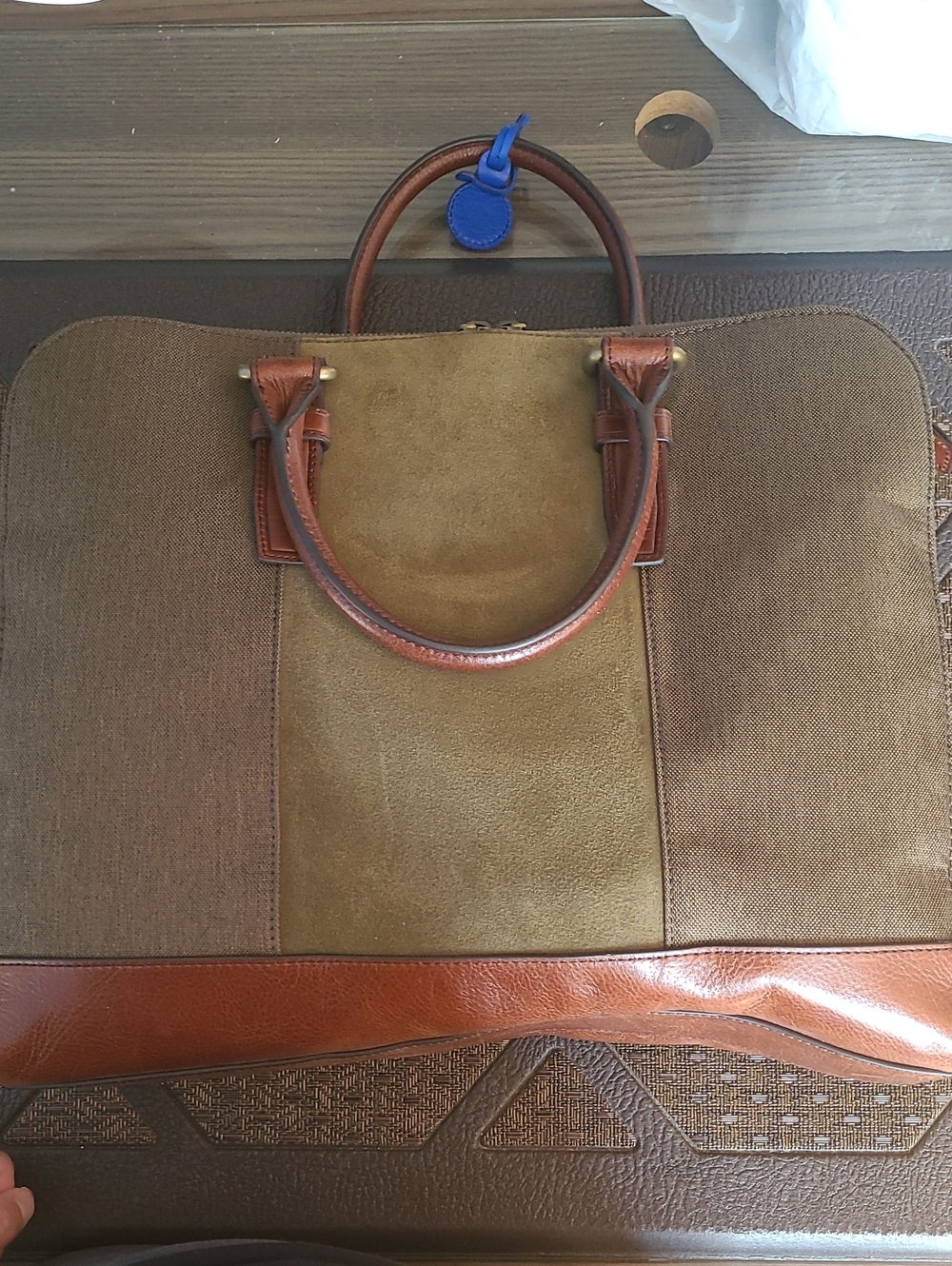 Brown and Green Leather-Trim Briefcase Bag